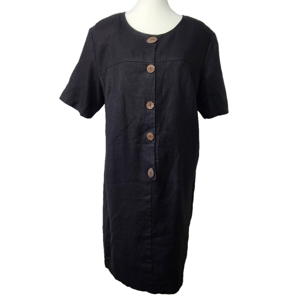 Sweet Jessie Vintage Black 100% Linen Short Sleeve Midi Dress Sz S Neutral